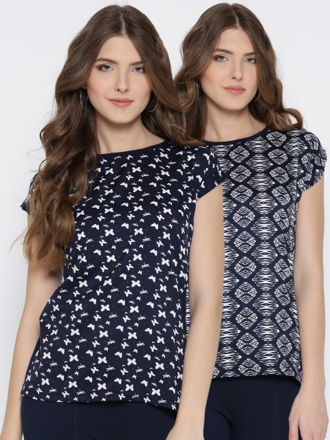 

U&F Women Pack of 2 Navy & White Printed Tops, Navy blue