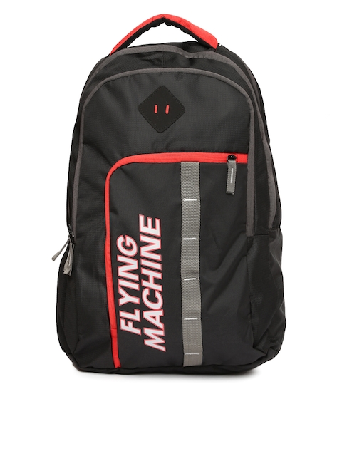 Flying Machine Men Black Brand Logo Printed Backpack