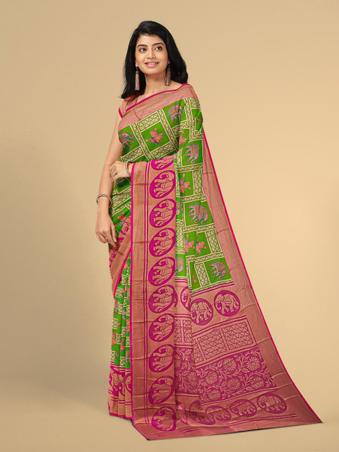 

Kalamandir Light Green & Pink Ethnic Motifs Silk Blend Saree