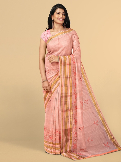 

Kalamandir Peach-Coloured & Gold-Toned Floral Silk Blend Saree