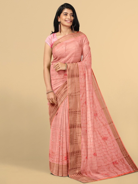 

Kalamandir Peach-Coloured & Gold-Toned Embellished Zari Silk Blend Saree