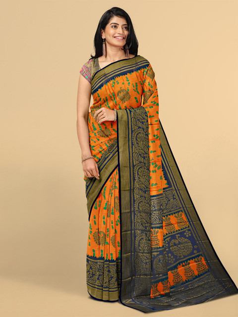

Kalamandir Orange & Blue Ethnic Motifs Silk Blend Saree