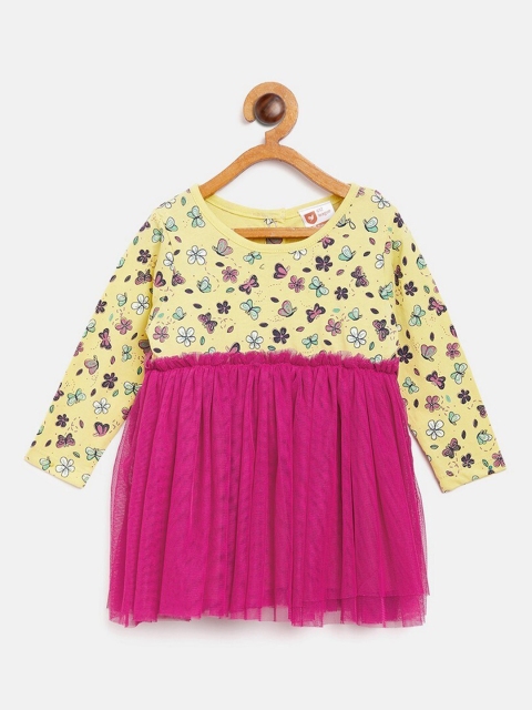 

612League Yellow Printed Net Fit & Flare Dress