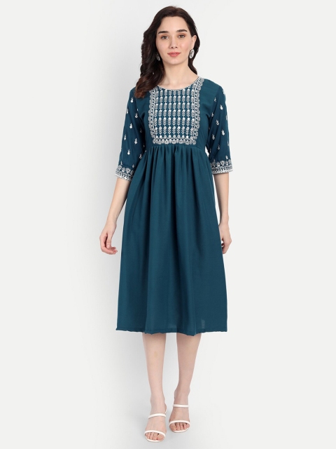 

RUHI FASHION Women Blue Ethnic Motifs Embroidered Midi Dress