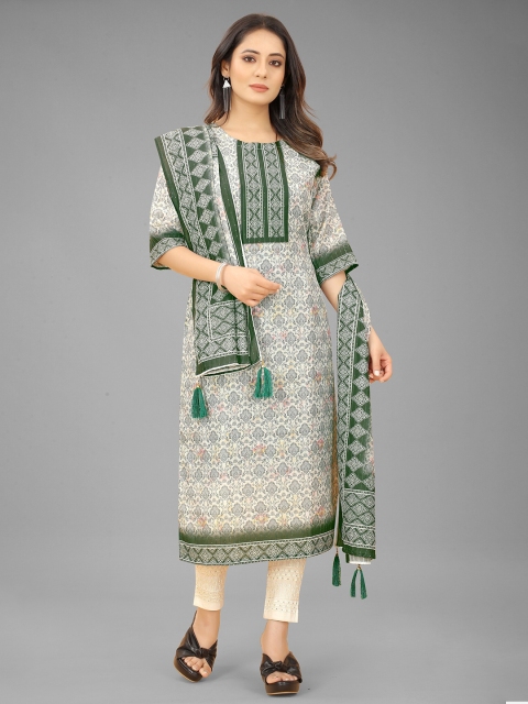 

RUHI FASHION Women Off White & Green Printed Semi-Stitched Dress Material