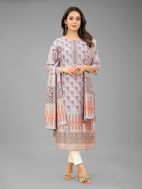 

RUHI FASHION Grey & Pink Printed Semi-Stitched Dress Material