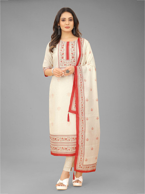 

RUHI FASHION Cream-Coloured & Red Printed Semi-Stitched Dress Material