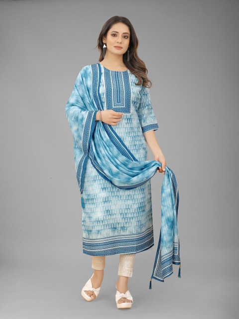 

RUHI FASHION Women Blue & Off White Printed Semi-Stitched Dress Material