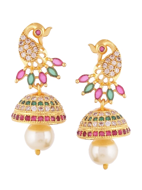 

Mallepula Women Pink & Green Gold-Plated Contemporary Jhumkas Earrings
