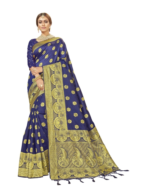 

MotiHamir Blue & Gold-Toned Woven Design Zari Silk Blend Heavy Work Paithani Saree