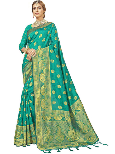 

MotiHamir Sea Green & Gold-Toned Woven Design Zari Silk Blend Paithani Saree