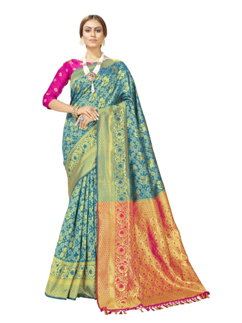 

MotiHamir Blue & Pink Woven Design Zari Silk Blend Kanjeevaram Saree