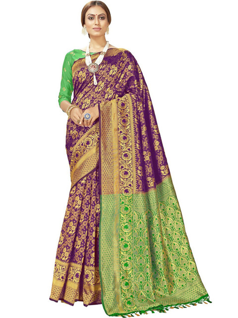 

MotiHamir Purple & Green Woven Design Zari Silk Blend Kanjeevaram Saree