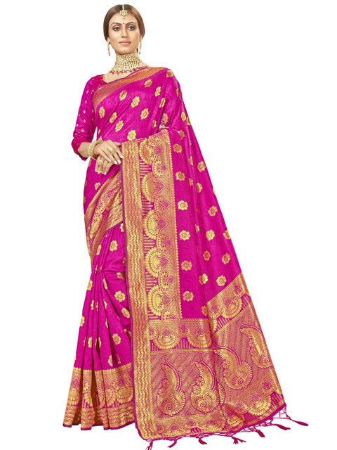 

MotiHamir Pink & Gold-Toned Floral Zari Silk Blend Paithani Saree