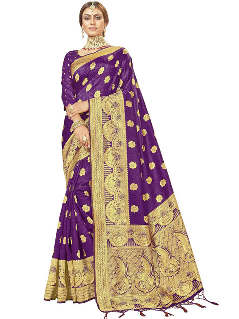 

MotiHamir Purple & Gold-Toned Woven Design Zari Silk Blend Paithani Saree