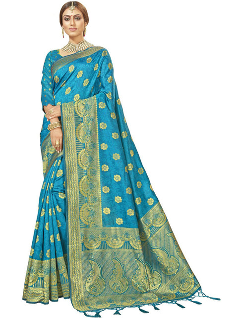 

MotiHamir Blue & Green Woven Design Zari Silk Blend Heavy Work Paithani Saree