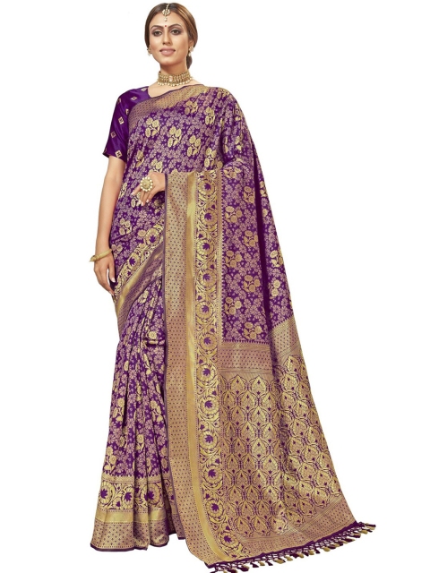 

MotiHamir Purple & Gold-Toned Woven Design Zari Silk Blend Banarasi Saree