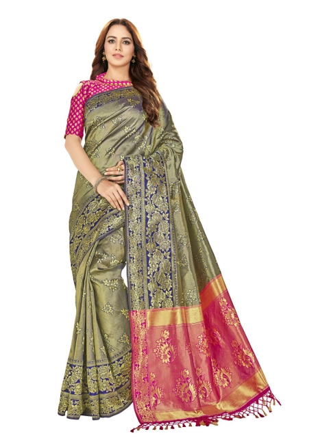 

MotiHamir Blue & Pink Floral Zari Silk Blend Half and Half Banarasi Saree