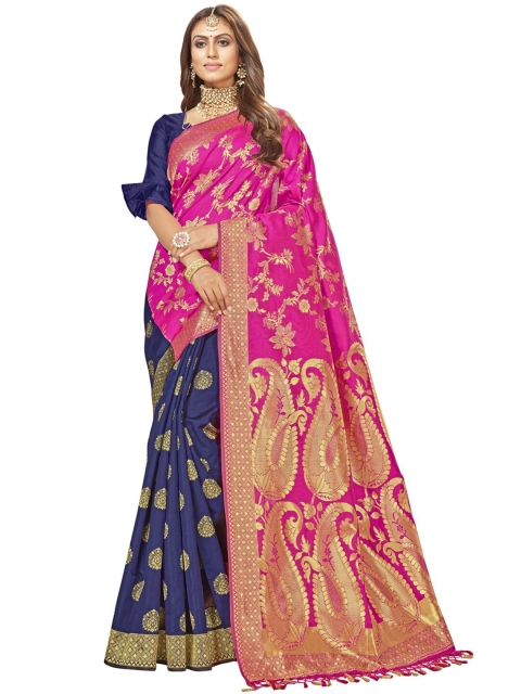 

MotiHamir Women Pink & Navy Blue Woven Design Zari Silk Blend Kanjeevaram Saree