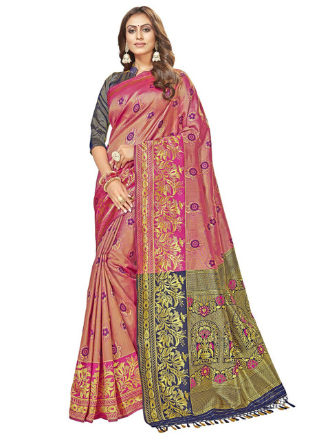 

MotiHamir Pink & Gold-Toned Ethnic Motifs Zari Silk Blend Heavy Work Banarasi Saree