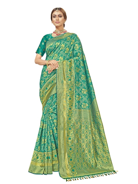 

MotiHamir Sea Green & Gold-Toned Floral Zari Silk Blend Banarasi Saree