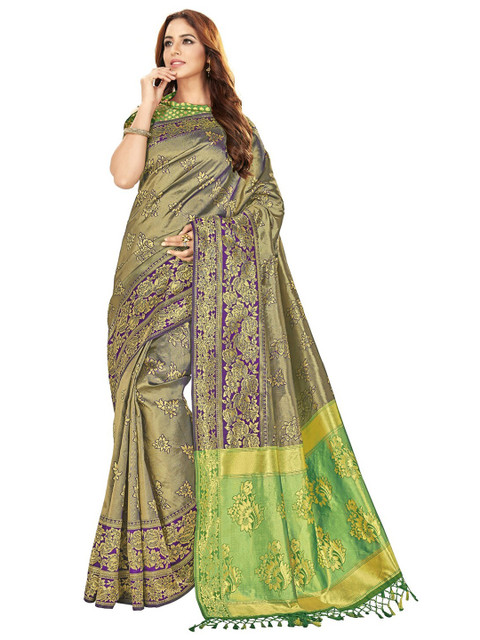 

MotiHamir Women Purple & Green Ethnic Motifs Zari Silk Blend Banarasi Saree
