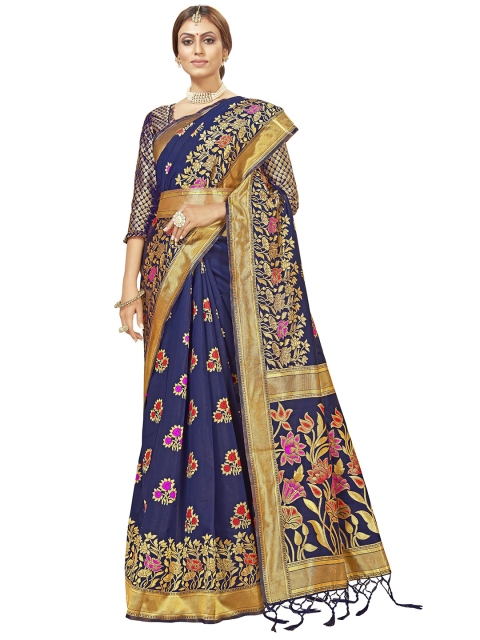 

MotiHamir Blue & Pink Floral Zari Silk Blend Banarasi Saree
