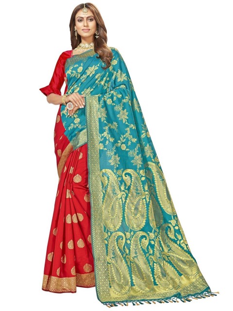 

MotiHamir Blue & Red Woven Design Zari Silk Blend Kanjeevaram Saree