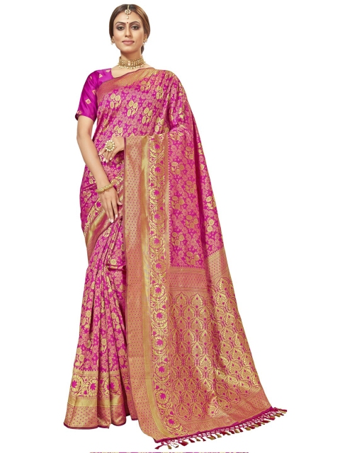 

MotiHamir Women Pink & Gold-Toned Floral Zari Silk Blend Banarasi Saree
