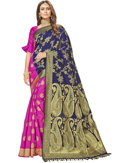 

MotiHamir Blue & Pink Gold-Toned Woven Design Zari Silk Blend Half and Half Saree