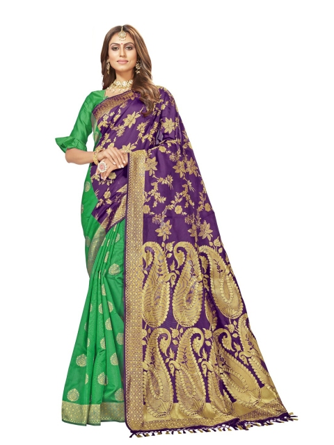 

MotiHamir Purple & Green Woven Design Zari Silk Blend Kanjeevaram Saree