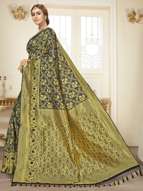 

MotiHamir Black & Gold-Toned Woven Design Zari Silk Blend Saree