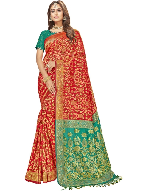 

MotiHamir Women Red & Green Woven Design Zari Silk Blend Heavy Work Banarasi Saree