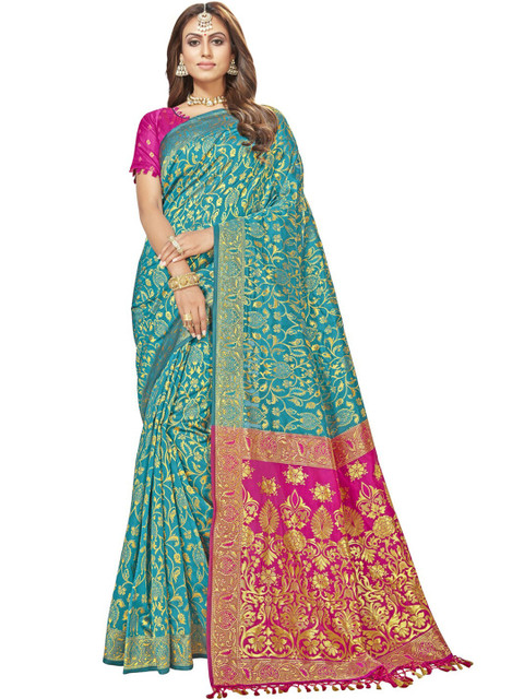 

MotiHamir Blue & Pink Woven Design Zari Silk Blend Banarasi Saree