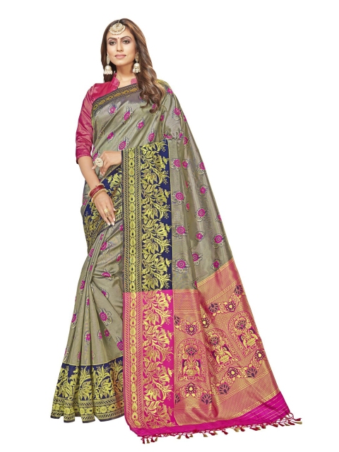 

MotiHamir Green & Pink Woven Design Zari Silk Blend Heavy Work Banarasi Saree