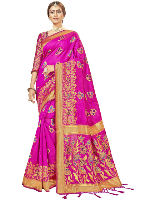 

MotiHamir Pink & Gold-Toned Woven Design Zari Silk Blend Banarasi Saree