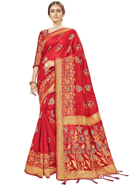 

MotiHamir Red & Gold-Toned Floral Zari Silk Blend Banarasi Saree