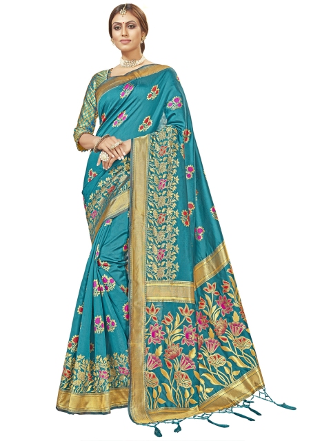 

MotiHamir Blue & Gold-Toned Woven Design Zari Silk Blend Half and Half Banarasi Saree