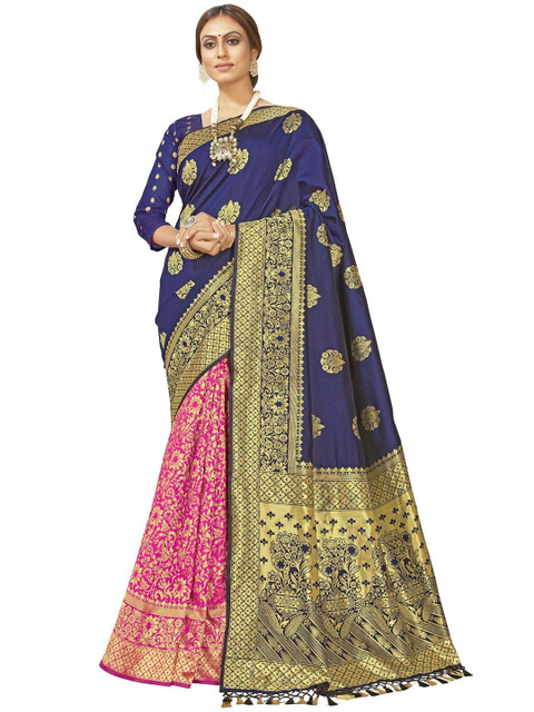 

MotiHamir Blue & Pink Woven Design Zari Silk Blend Banarasi Saree