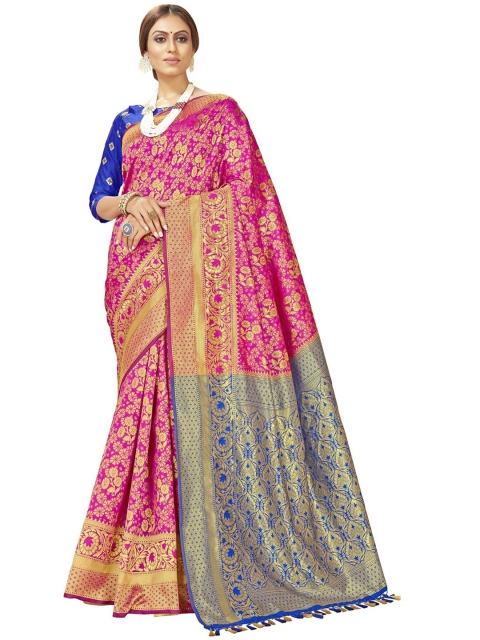 

MotiHamir Women Pink & Blue Woven Design Zari Silk Blend Kanjeevaram Saree
