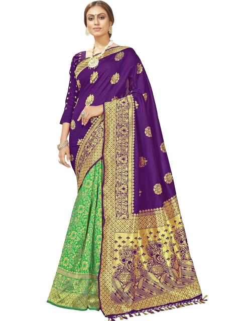 

MotiHamir Women Purple & Green Woven Design Zari Silk Blend Banarasi Saree