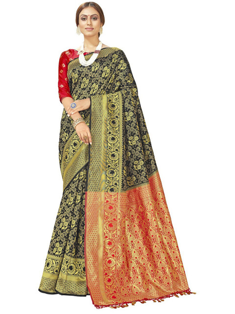 

MotiHamir Black & Red Woven Design Zari Silk Blend Kanjeevaram Saree