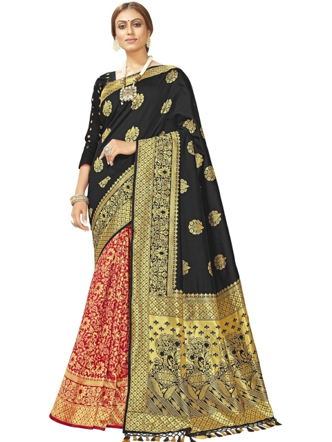 

MotiHamir Black & Red Zari Silk Blend Banarasi Saree
