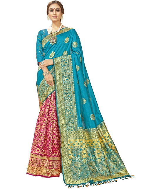 

MotiHamir Blue & Pink Woven Design Zari Silk Blend Banarasi Saree