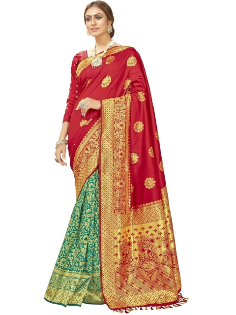 

MotiHamir Red & Gold-Toned Woven Design Zari Silk Blend Banarasi Saree