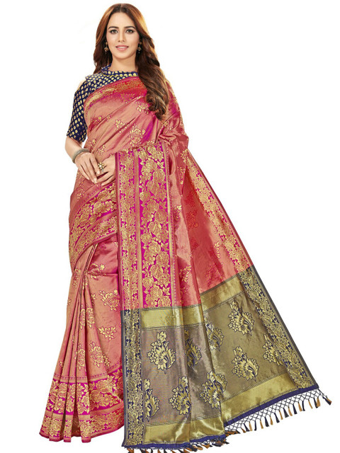 

MotiHamir Pink & Blue Woven Design Zari Silk Blend Half and Half Banarasi Saree