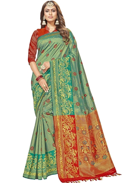 

MotiHamir Sea Green & Red Ethnic Motifs Zari Silk Blend Banarasi Saree