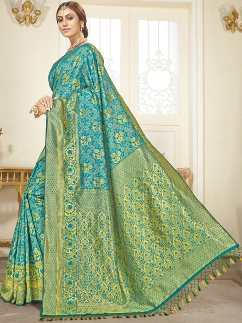 

MotiHamir Blue & Gold-Toned Woven Design Zari Silk Blend Banarasi Saree