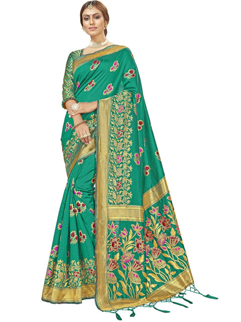 

MotiHamir Sea Green & Gold-Toned Woven Design Zari Silk Blend Half and Half Banarasi Saree