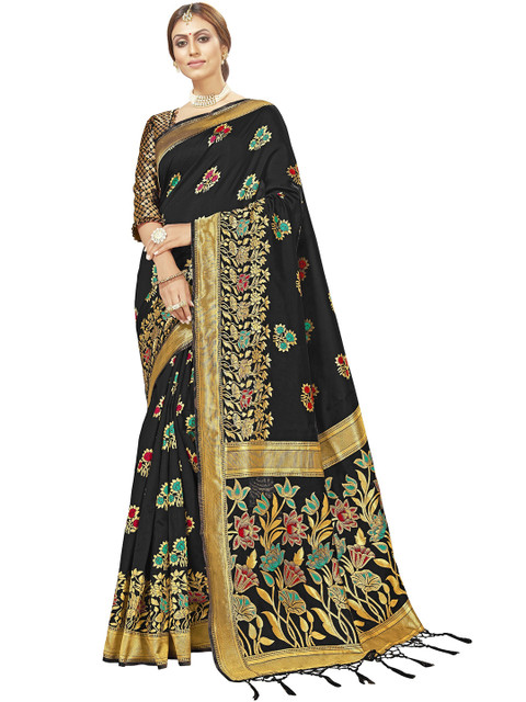

MotiHamir Black & Green Woven Design Zari Silk Blend Half and Half Banarasi Saree